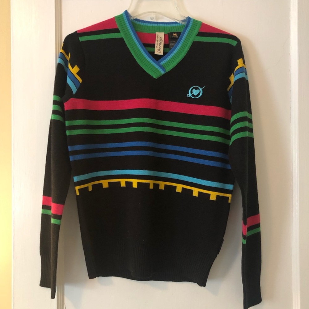Obermeyer Wool Blend Striped Multi Color V-Neck SKI Sweater - Size M Women